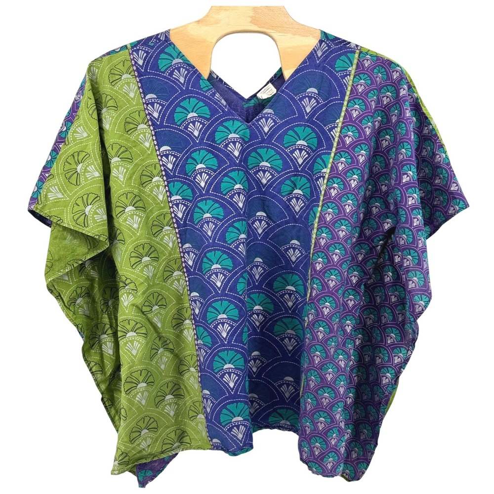 Gudrun Sjoden Womens L/XL Cotton Silk Tunic Top Green Purple Blue Fan Print